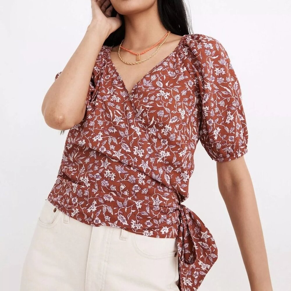 Madewell Puff-Sleeve Wrap Crop Top Batik Vine Weathered Brick S